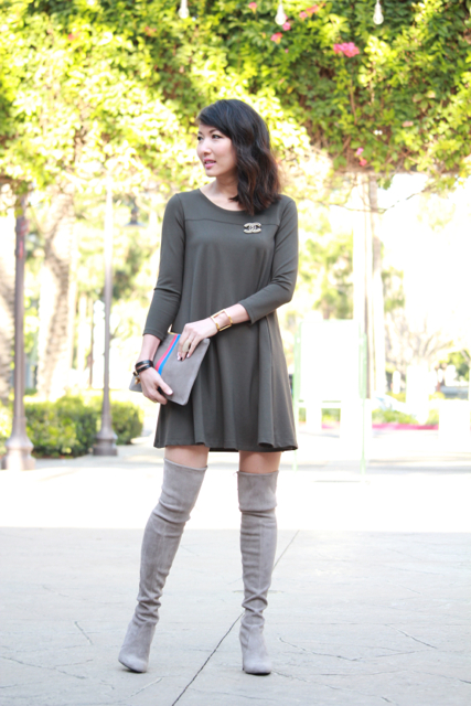 a line dress with boots